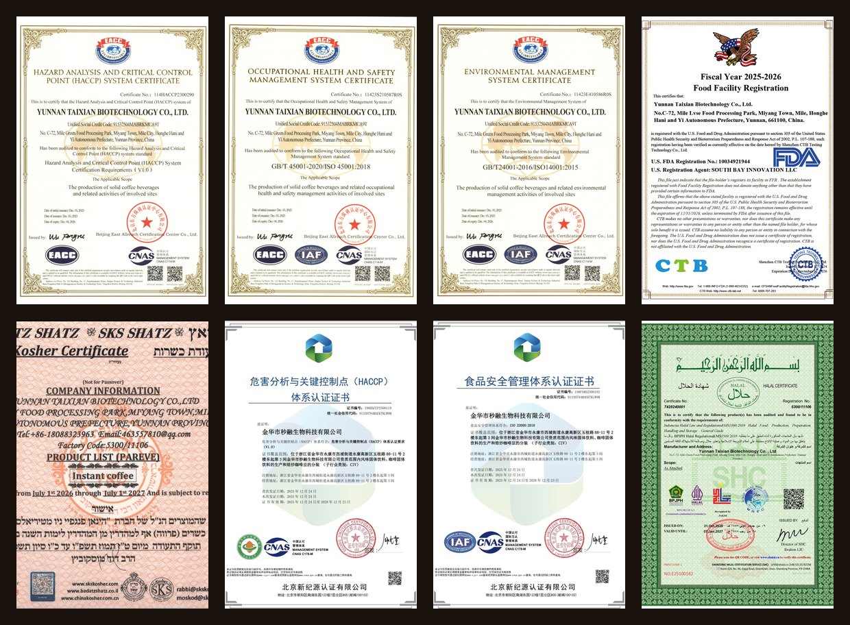 All certifications: ISO 9001, ISO 22000, ISO 45001, ISO 14001, HACCP, Carbon Footprint, FDA, Halal, High-Tech Enterprise, Innovative SME, Yunnan Sci-Tech SME, Honghe MIIT & Tech Centre, Patents